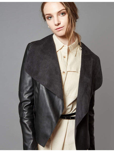 Women’s Open Front Leather Jacket – Classic Lapel Outerwear