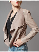 Women’s Open Front Leather Jacket – Classic Lapel Outerwear