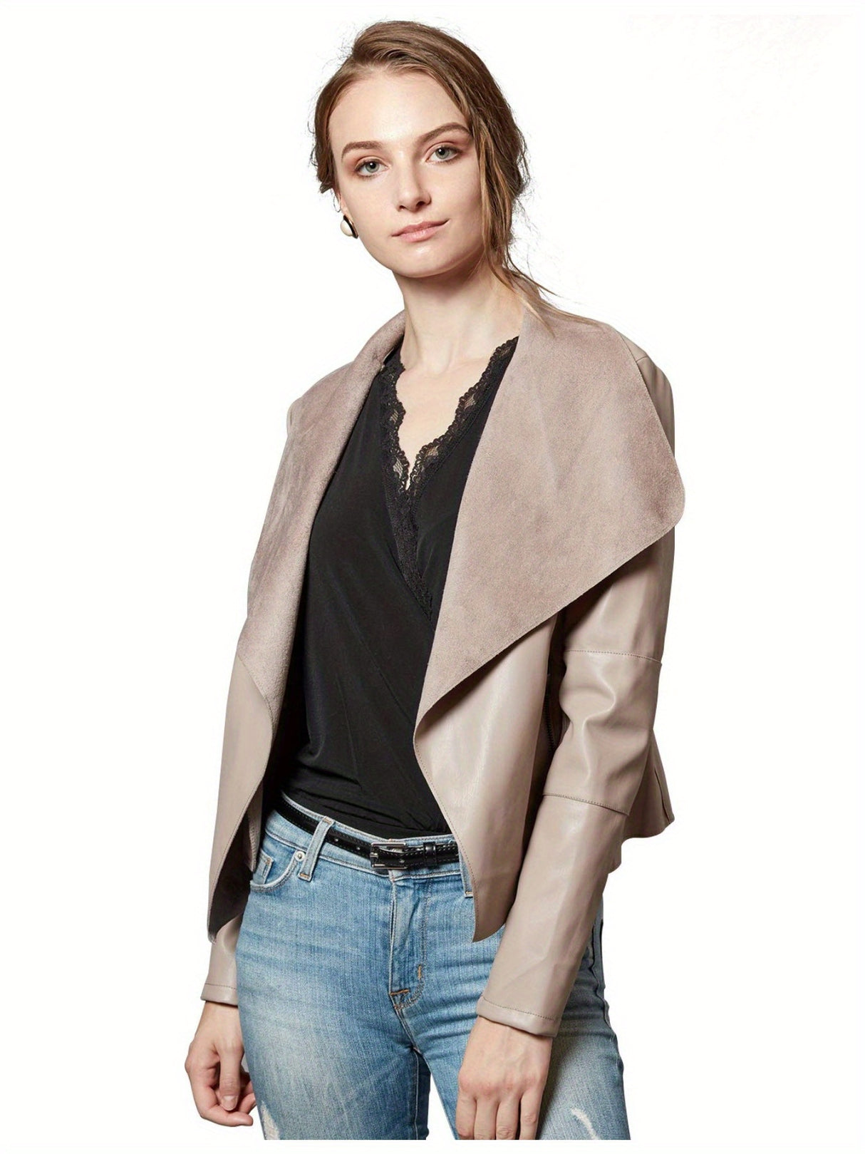 Women’s Open Front Leather Jacket – Classic Lapel Outerwear