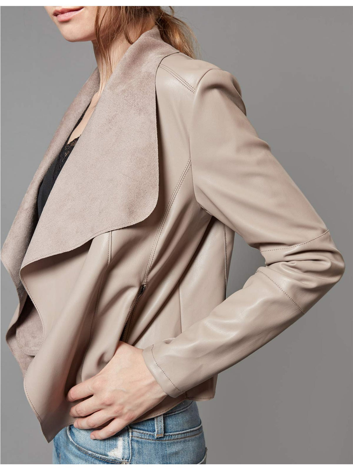 Women’s Open Front Leather Jacket – Classic Lapel Outerwear