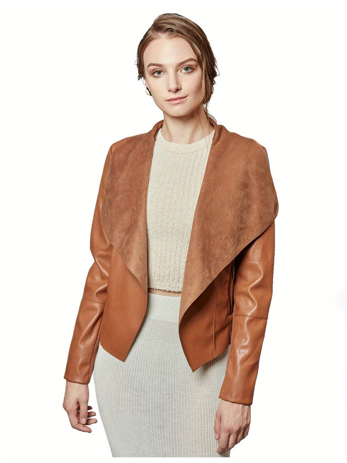 Women’s Open Front Leather Jacket – Classic Lapel Outerwear