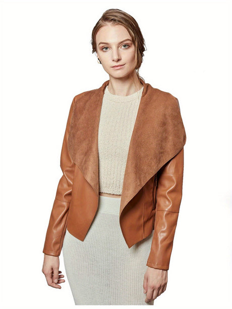 Women’s Open Front Leather Jacket – Classic Lapel Outerwear