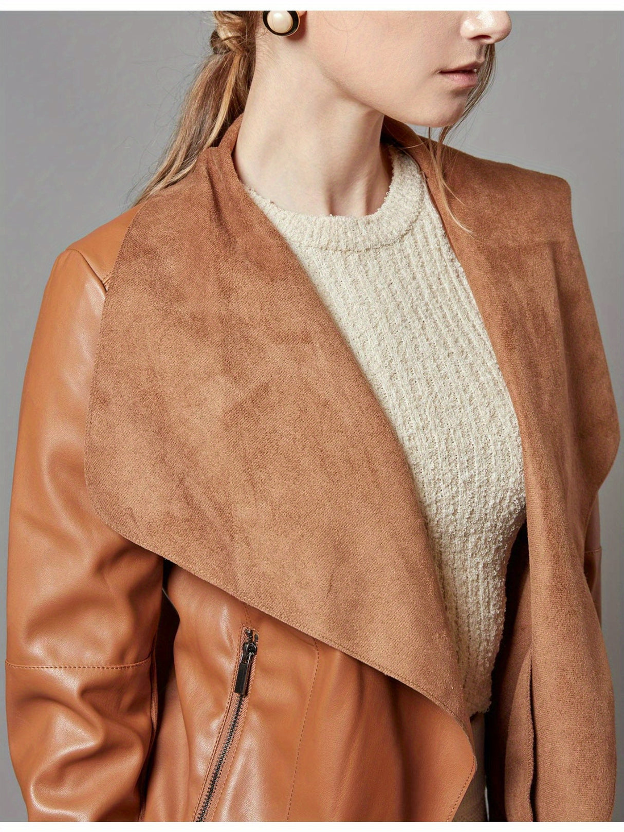 Women’s Open Front Leather Jacket – Classic Lapel Outerwear