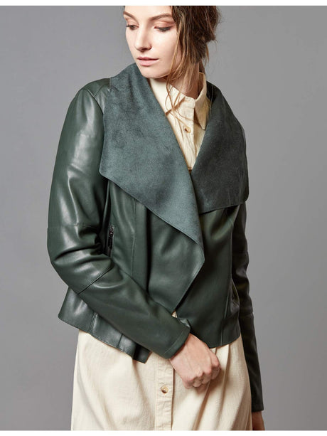 Women’s Open Front Leather Jacket – Classic Lapel Outerwear
