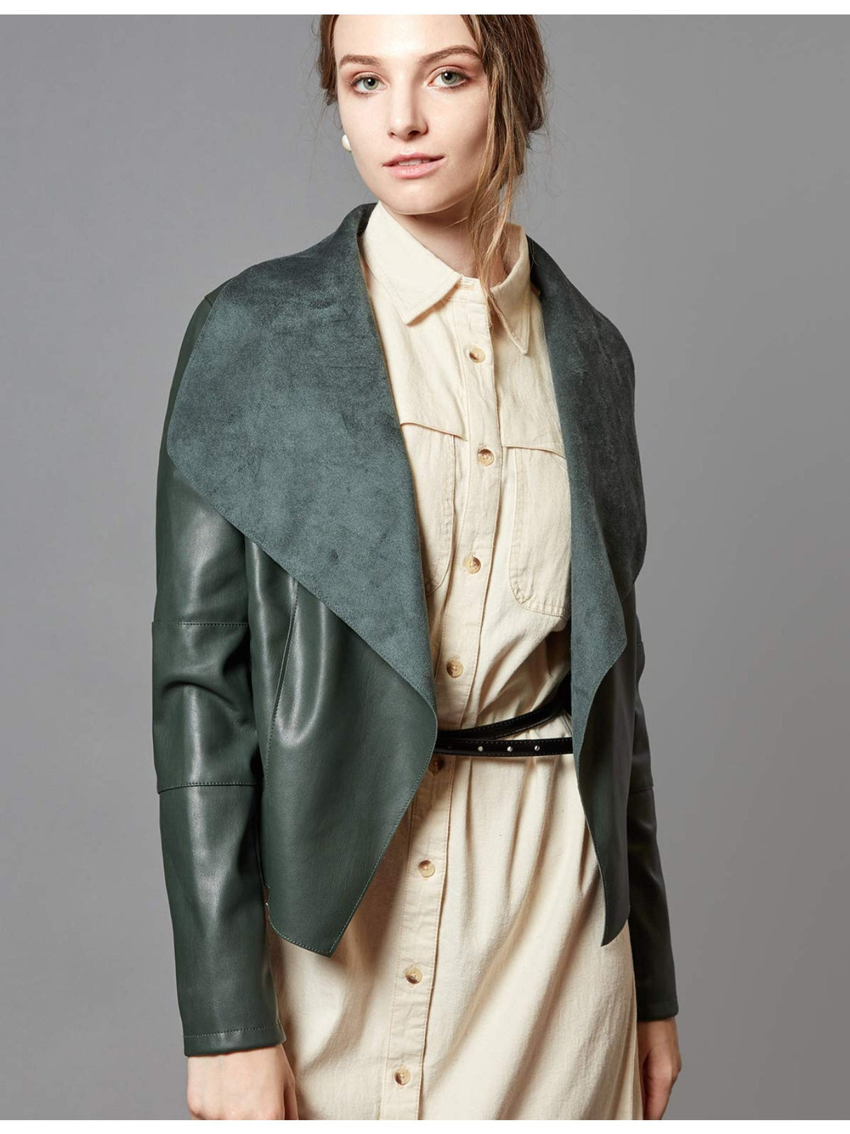 Women’s Open Front Leather Jacket – Classic Lapel Outerwear