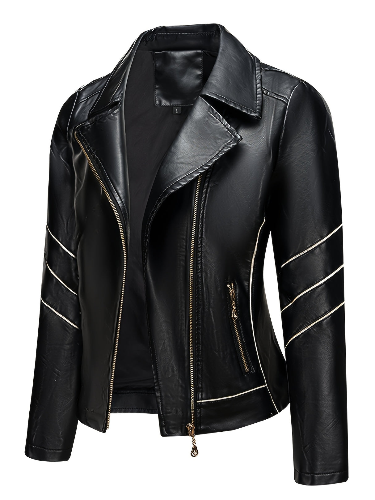 Women’s Slim Fit Zip-Up Leather Jacket – Striped Office Casual Coat