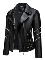 Women’s Slim Fit Zip-Up Leather Jacket – Striped Office Casual Coat