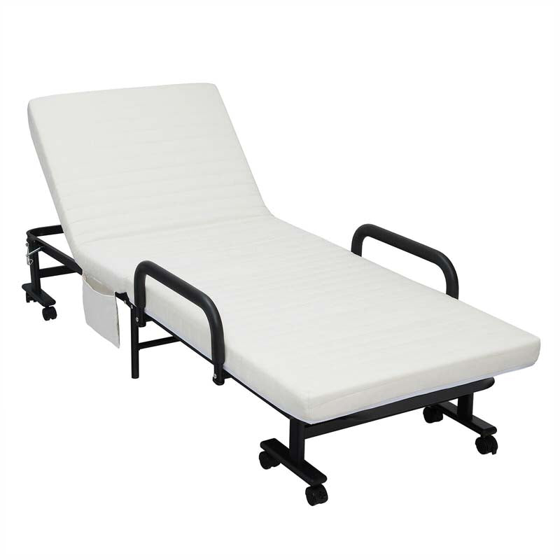 Folding Rollaway Bed with Mattress for Adult, Portable Guest Bed Frame with Adjustable 6 Position & Side Storage Pocket