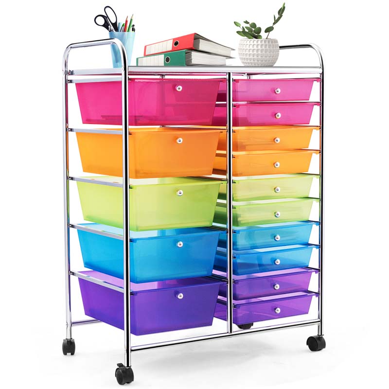 15-Drawer Storage Drawer Cart Tools Scrapbook Paper Organizer Cart Office School Utility Cart Rolling Storage Cart with Wheels