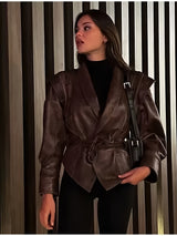 Women’s Vintage Biker Jacket – Brown Retro Streetwear Coat with Waist Tie