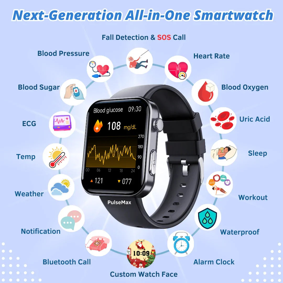 Merchpublic  PulseMax Fall Detection Watch With Blood Glucose+Blood Presssure Monitoring+Calls -??Free Straps