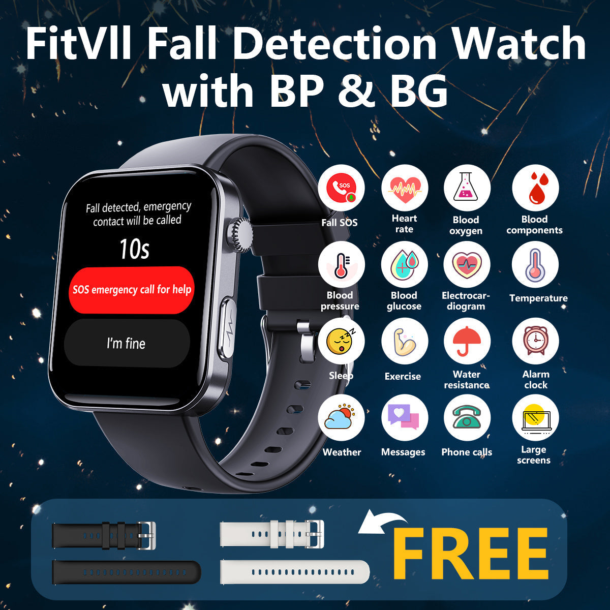 Best Father's Day Gift-FitVII® PulseMax Fall Detection Watch With Blood Glucose+Blood Presssure Monitoring+Calls
