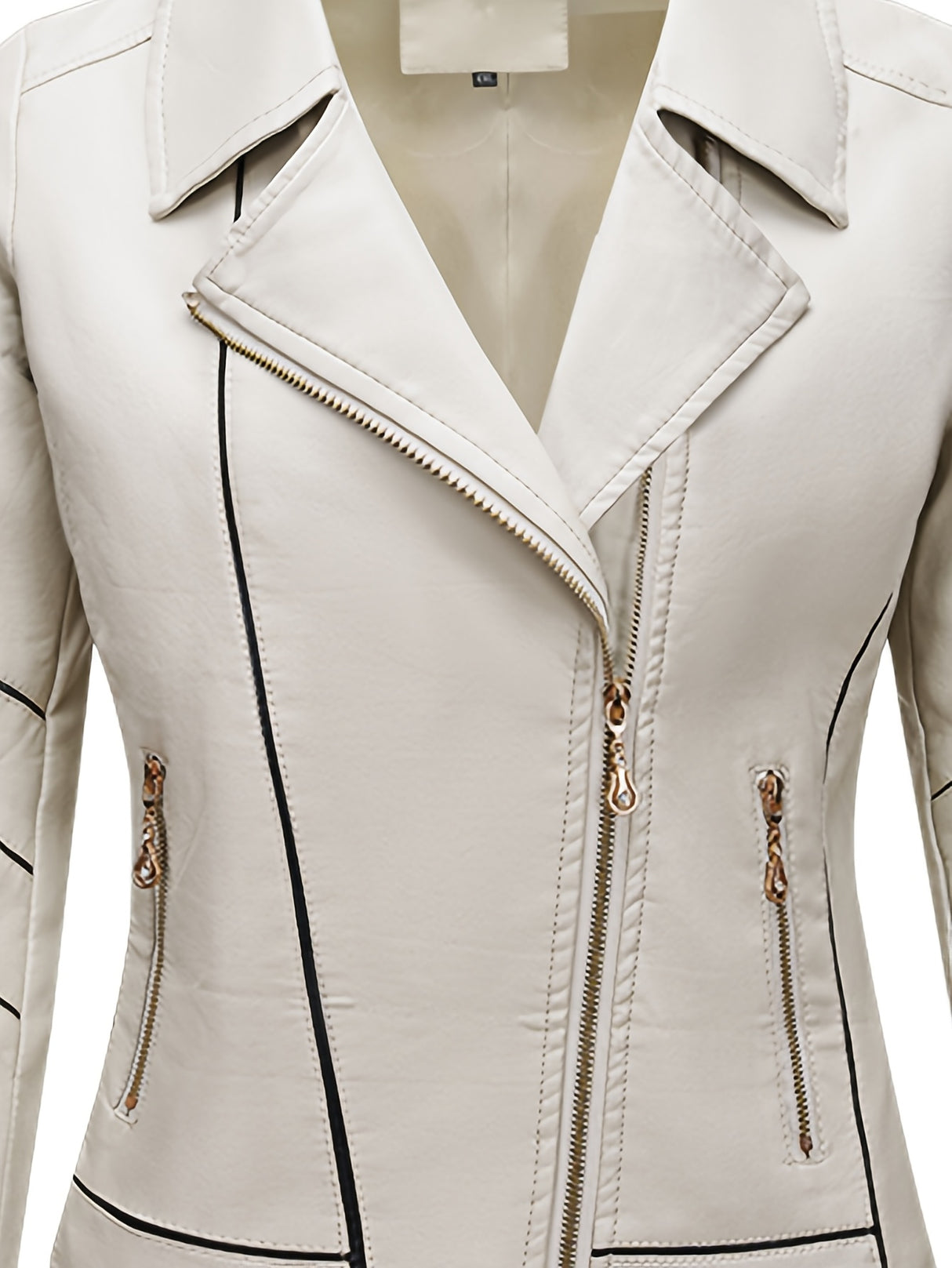 Women’s Slim Fit Zip-Up Leather Jacket – Striped Office Casual Coat