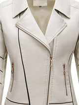 Women’s Slim Fit Zip-Up Leather Jacket – Striped Office Casual Coat