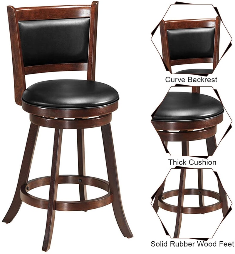 2-Pack 24" Wooden Counter Stools, 360° Swivel Bar Stools with Backs, Counter Height Stool, Upholstered Bar Chairs Dining Chairs