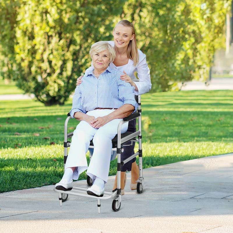 2-in-1 Foldable Shower Commode Wheelchair, Aluminum Alloy Transport Chair Toilet Bedside Wheelchair with Commode