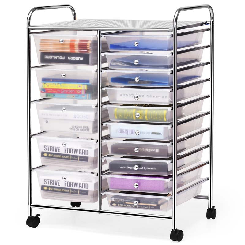 15-Drawer Storage Drawer Cart Tools Scrapbook Paper Organizer Cart Office School Utility Cart Rolling Storage Cart with Wheels