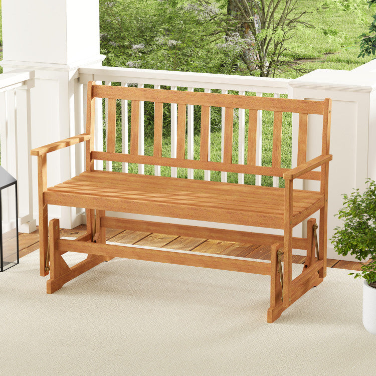 2-Person Patio Glider Bench, Solid Acacia Wood Porch Glider Chair with Slatted Backrest & Seat, Outdoor Glider Loveseat for Balcony Poolside Garden