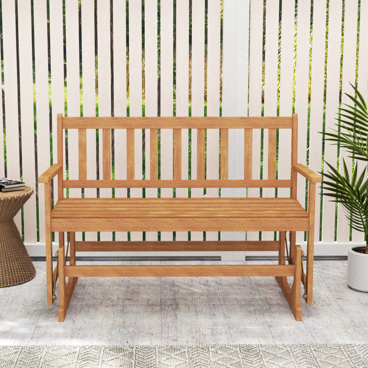 2-Person Patio Glider Bench, Solid Acacia Wood Porch Glider Chair with Slatted Backrest & Seat, Outdoor Glider Loveseat for Balcony Poolside Garden