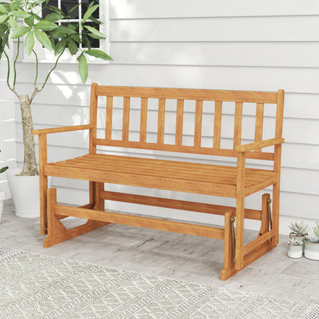2-Person Patio Glider Bench, Solid Acacia Wood Porch Glider Chair with Slatted Backrest & Seat, Outdoor Glider Loveseat for Balcony Poolside Garden