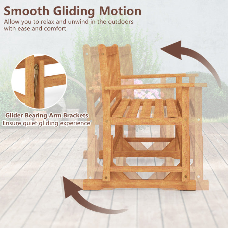 2-Person Patio Glider Bench, Solid Acacia Wood Porch Glider Chair with Slatted Backrest & Seat, Outdoor Glider Loveseat for Balcony Poolside Garden