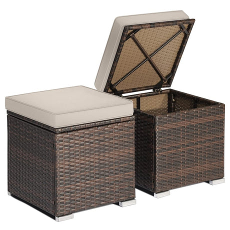 2PCS Wicker Outdoor Storage Ottomans with Removable Cushions, Multipurpose PE Rattan Footrest Side Table Seating for Patio Poolside Backyard