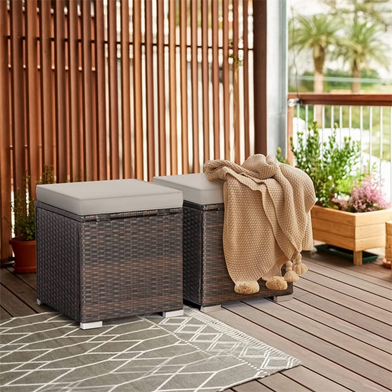 2PCS Wicker Outdoor Storage Ottomans with Removable Cushions, Multipurpose PE Rattan Footrest Side Table Seating for Patio Poolside Backyard