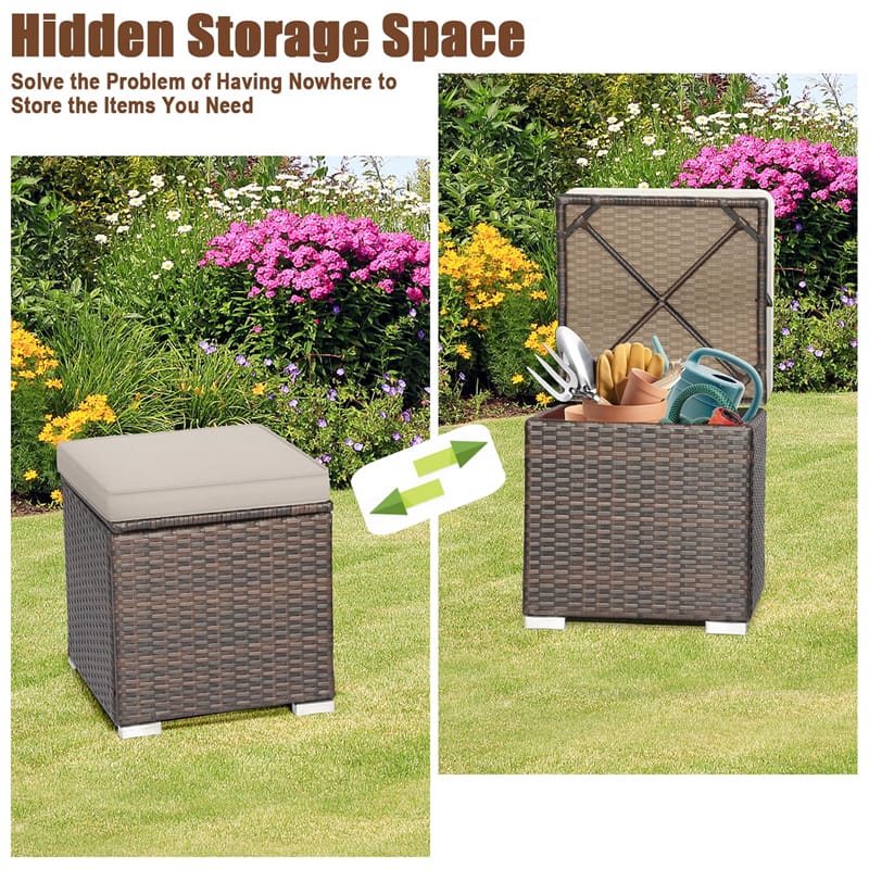 2PCS Wicker Outdoor Storage Ottomans with Removable Cushions, Multipurpose PE Rattan Footrest Side Table Seating for Patio Poolside Backyard