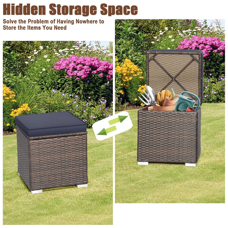 2PCS Wicker Outdoor Storage Ottomans with Removable Cushions, Multipurpose PE Rattan Footrest Side Table Seating for Patio Poolside Backyard