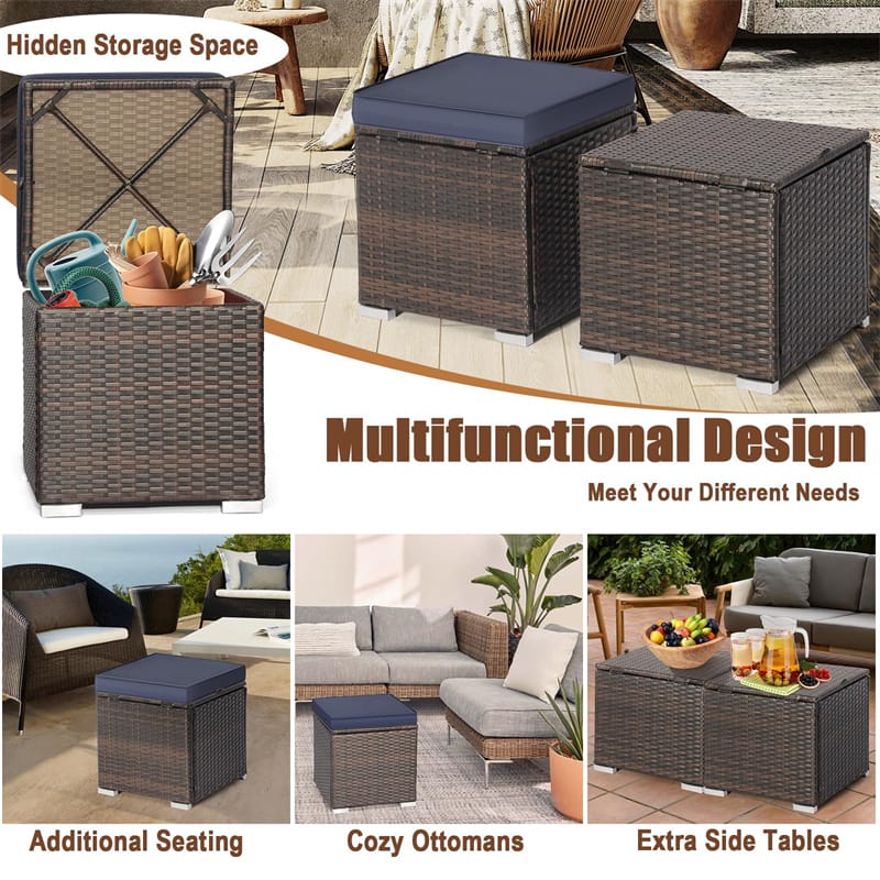 2PCS Wicker Outdoor Storage Ottomans with Removable Cushions, Multipurpose PE Rattan Footrest Side Table Seating for Patio Poolside Backyard