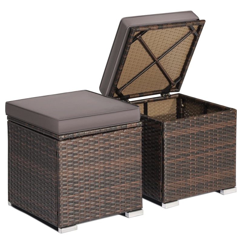 2PCS Wicker Outdoor Storage Ottomans with Removable Cushions, Multipurpose PE Rattan Footrest Side Table Seating for Patio Poolside Backyard