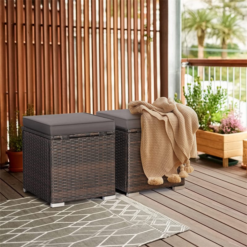 2PCS Wicker Outdoor Storage Ottomans with Removable Cushions, Multipurpose PE Rattan Footrest Side Table Seating for Patio Poolside Backyard