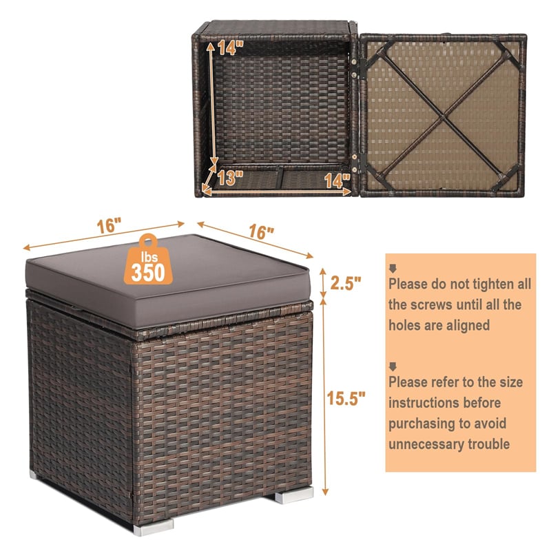 2PCS Wicker Outdoor Storage Ottomans with Removable Cushions, Multipurpose PE Rattan Footrest Side Table Seating for Patio Poolside Backyard