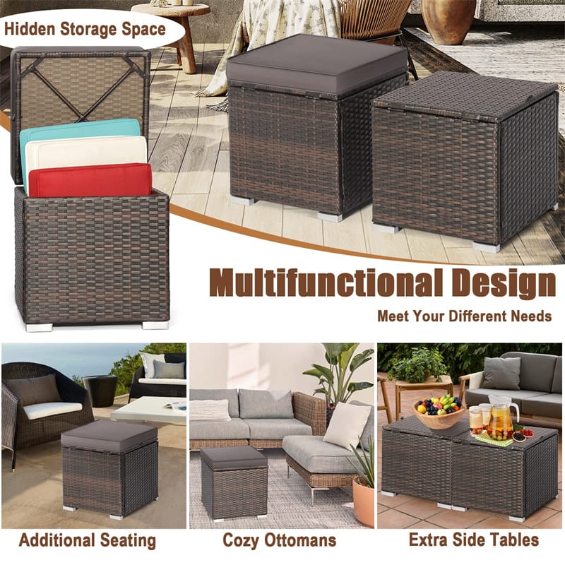 2PCS Wicker Outdoor Storage Ottomans with Removable Cushions, Multipurpose PE Rattan Footrest Side Table Seating for Patio Poolside Backyard