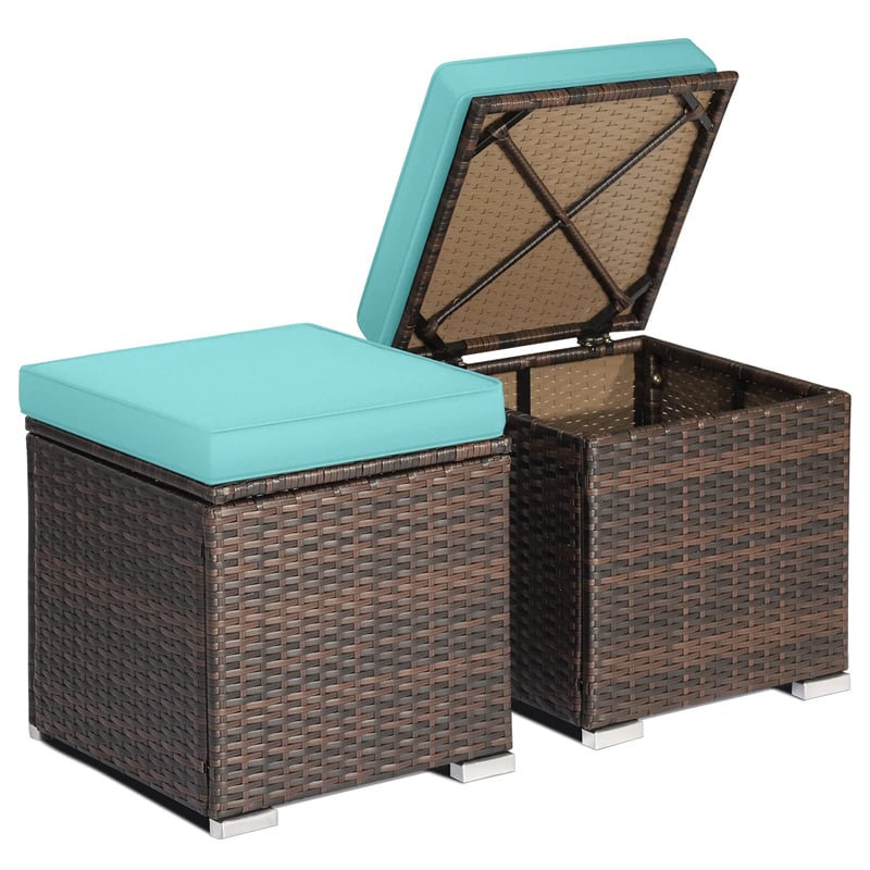 2PCS Wicker Outdoor Storage Ottomans with Removable Cushions, Multipurpose PE Rattan Footrest Side Table Seating for Patio Poolside Backyard