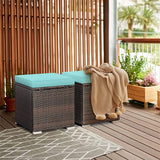 2PCS Wicker Outdoor Storage Ottomans with Removable Cushions, Multipurpose PE Rattan Footrest Side Table Seating for Patio Poolside Backyard