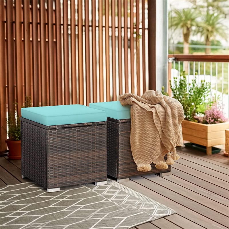 2PCS Wicker Outdoor Storage Ottomans with Removable Cushions, Multipurpose PE Rattan Footrest Side Table Seating for Patio Poolside Backyard