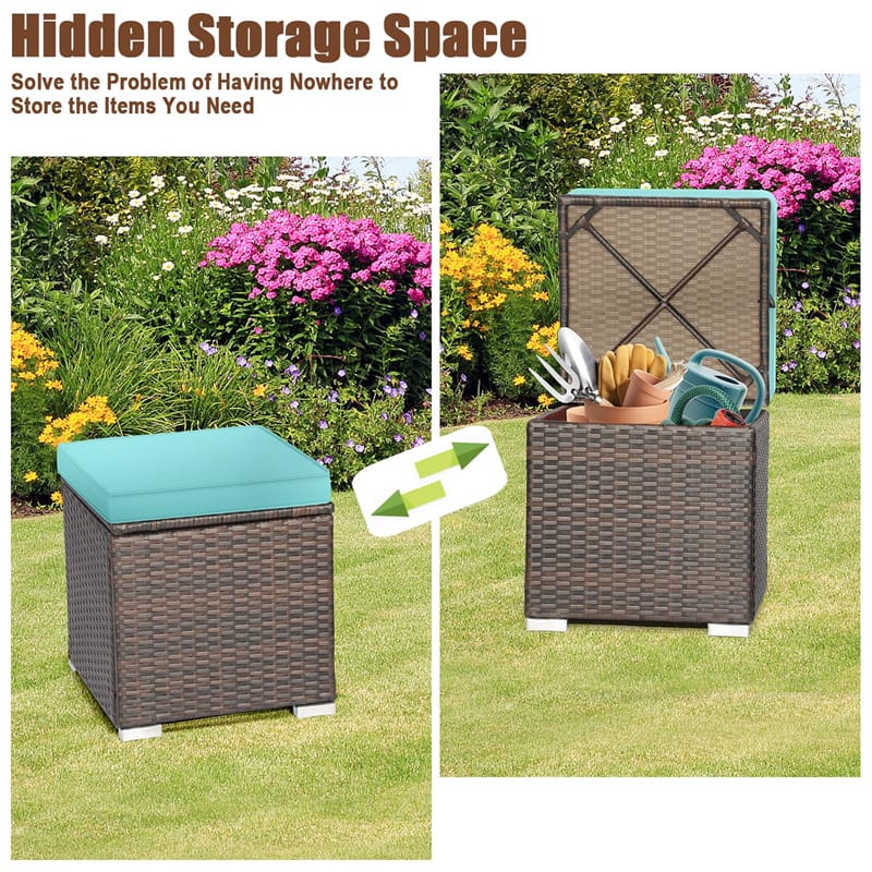 2PCS Wicker Outdoor Storage Ottomans with Removable Cushions, Multipurpose PE Rattan Footrest Side Table Seating for Patio Poolside Backyard