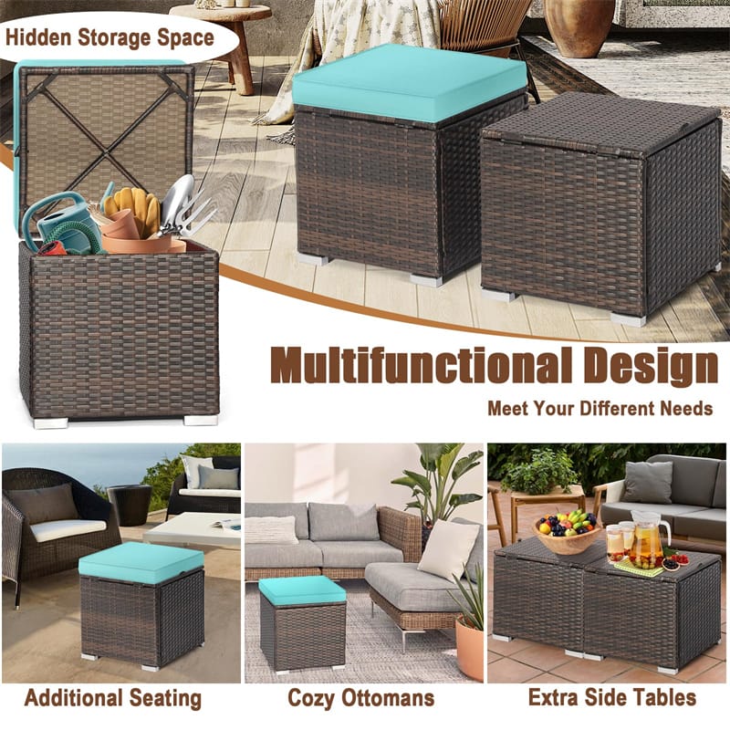 2PCS Wicker Outdoor Storage Ottomans with Removable Cushions, Multipurpose PE Rattan Footrest Side Table Seating for Patio Poolside Backyard