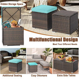 2PCS Wicker Outdoor Storage Ottomans with Removable Cushions, Multipurpose PE Rattan Footrest Side Table Seating for Patio Poolside Backyard