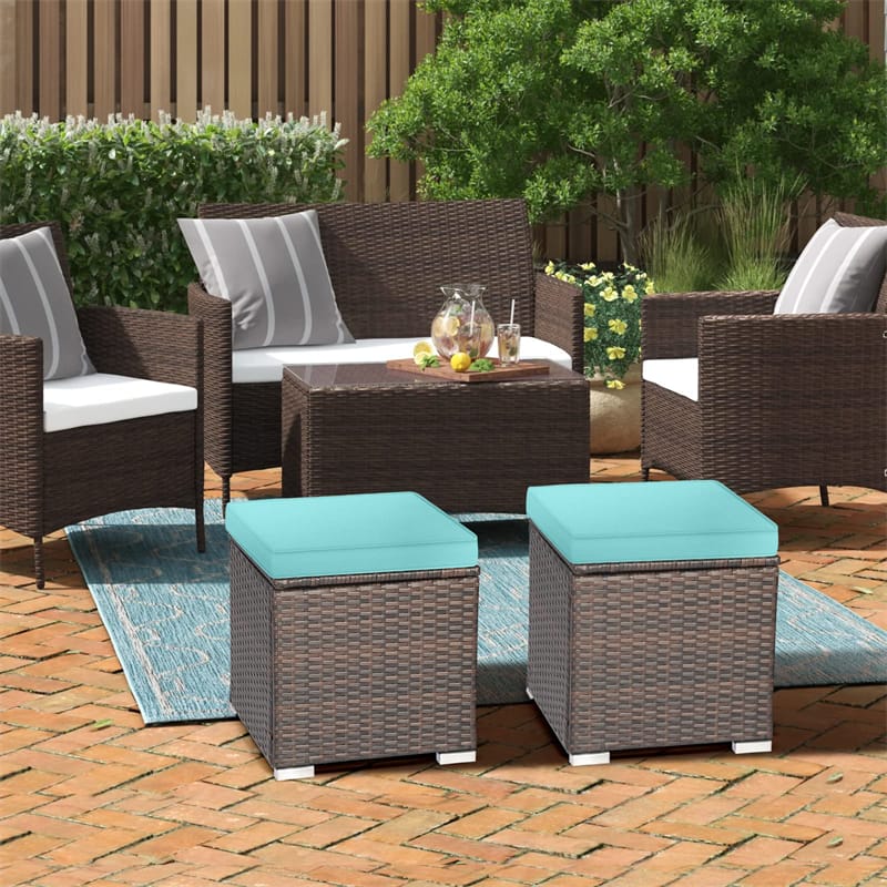 2PCS Wicker Outdoor Storage Ottomans with Removable Cushions, Multipurpose PE Rattan Footrest Side Table Seating for Patio Poolside Backyard