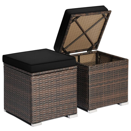 2PCS Wicker Outdoor Storage Ottomans with Removable Cushions, Multipurpose PE Rattan Footrest Side Table Seating for Patio Poolside Backyard