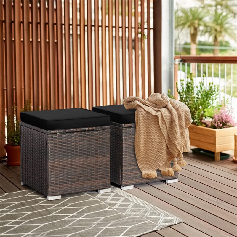 2PCS Wicker Outdoor Storage Ottomans with Removable Cushions, Multipurpose PE Rattan Footrest Side Table Seating for Patio Poolside Backyard