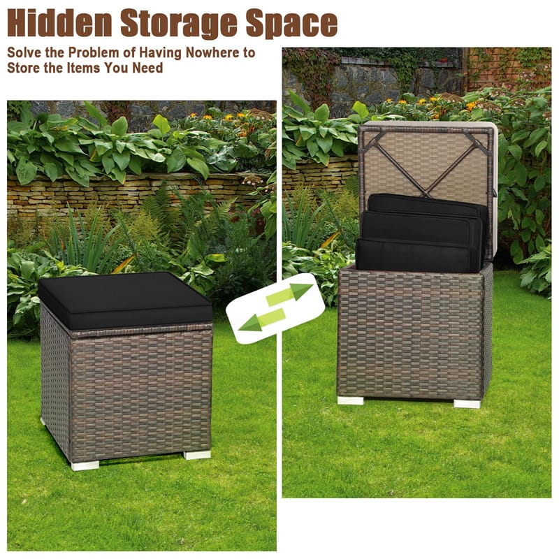 2PCS Wicker Outdoor Storage Ottomans with Removable Cushions, Multipurpose PE Rattan Footrest Side Table Seating for Patio Poolside Backyard