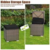 2PCS Wicker Outdoor Storage Ottomans with Removable Cushions, Multipurpose PE Rattan Footrest Side Table Seating for Patio Poolside Backyard