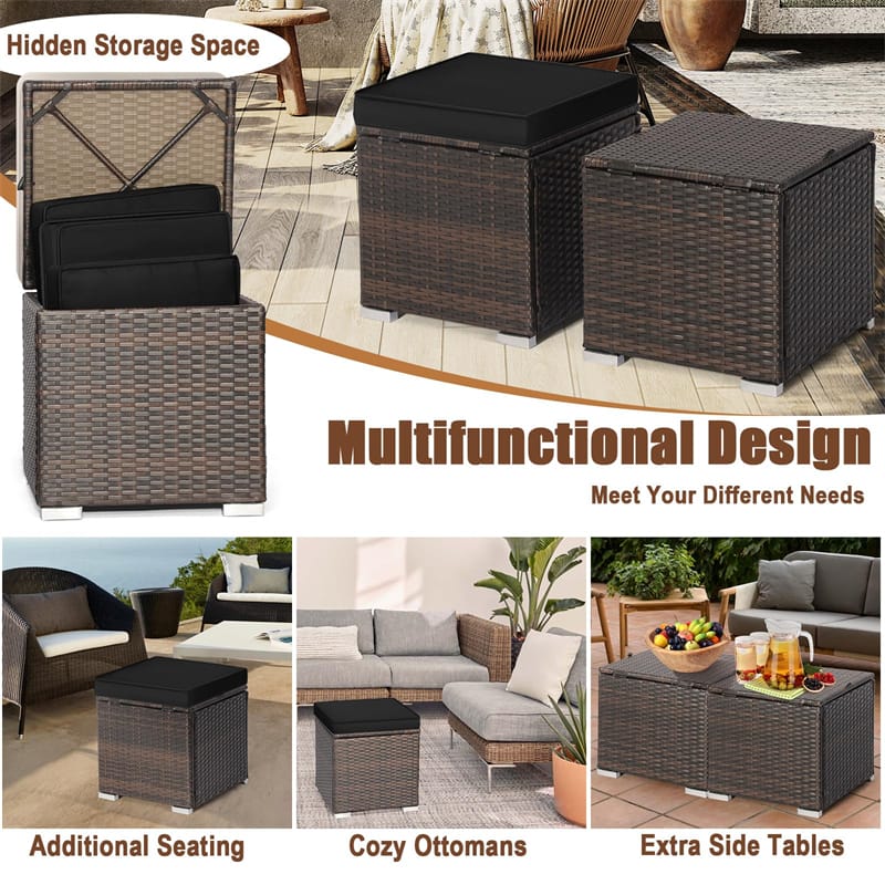 2PCS Wicker Outdoor Storage Ottomans with Removable Cushions, Multipurpose PE Rattan Footrest Side Table Seating for Patio Poolside Backyard