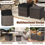 2PCS Wicker Outdoor Storage Ottomans with Removable Cushions, Multipurpose PE Rattan Footrest Side Table Seating for Patio Poolside Backyard
