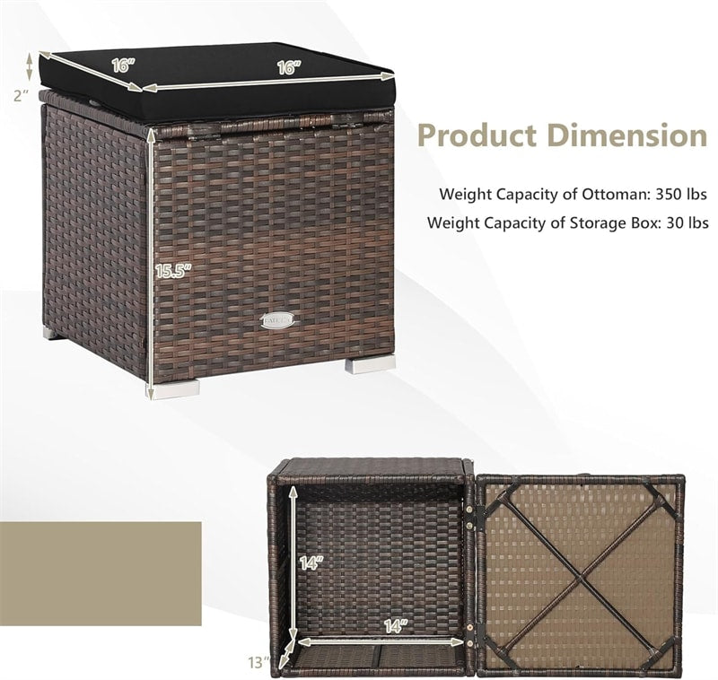 2PCS Wicker Outdoor Storage Ottomans with Removable Cushions, Multipurpose PE Rattan Footrest Side Table Seating for Patio Poolside Backyard