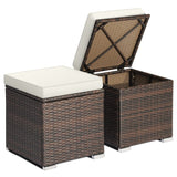 2PCS Wicker Outdoor Storage Ottomans with Removable Cushions, Multipurpose PE Rattan Footrest Side Table Seating for Patio Poolside Backyard