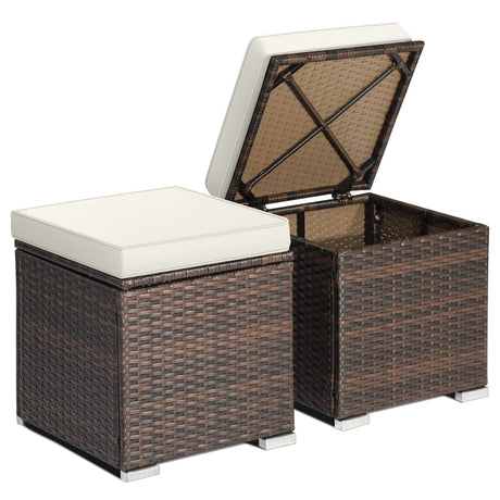 2PCS Wicker Outdoor Storage Ottomans with Removable Cushions, Multipurpose PE Rattan Footrest Side Table Seating for Patio Poolside Backyard